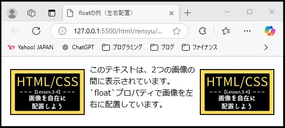 CSSの float プロパティを使った例で、2つの画像が左右に配置され、その間にテキストが表示されている。