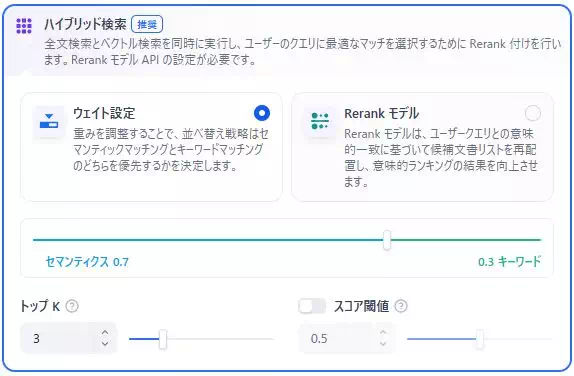 Difyのナレッジベースの設定画面のキャプチャ。検索設定は3種類からハイブリット検索を選んでいる。
